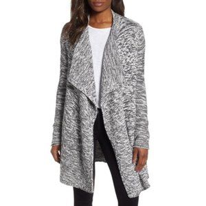 NWOT Nordstrom Caslon Gray/White/Black Marl Long Drape Front Cardigan, Size Med